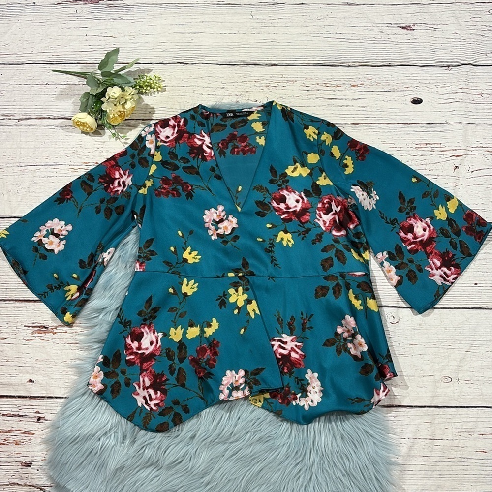 Zara Satin Royal Blue Floral Bell Sleeve Blouse